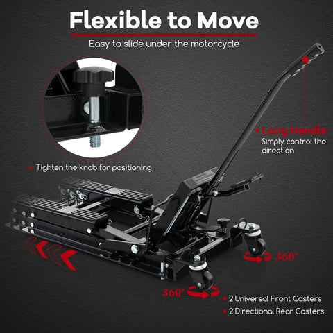 Beefed Up 1500 Lbs Hydraulic Motorcycle Lift For Dirt Bikes ATVs And UTVs With Footplates Long Handle Four Wheels And Two Ratchet Belts