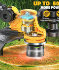 Internal view of cordless 3 in 1 string trimmer edger and lawn care tool with brushless motor and power upgrade graphics.