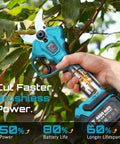 Using Electric Pruning Shears Cordless 1.8 Inch Cut With Brushless Motor Dual 4Ah Batteries for trimming branches.