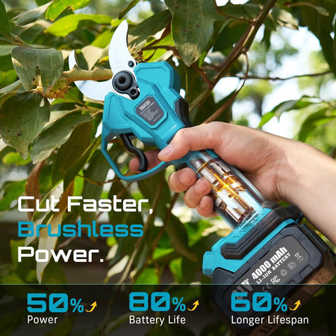 Using Electric Pruning Shears Cordless 1.8 Inch Cut With Brushless Motor Dual 4Ah Batteries for trimming branches.