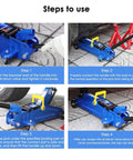 Beefed Up 2 Ton Jack Handle Replacement For Horizontal Hydraulic Pole Jack Stands, Heavy Duty Auto Tool Accessory For Quick Tire Changes, Rust Resistant Thickened Steel, High Strength Black Finish For Cars And Trucks shown in use with steps to operate.