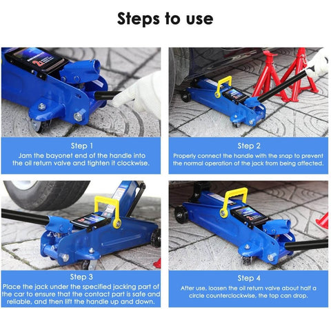Beefed Up 2 Ton Jack Handle Replacement For Horizontal Hydraulic Pole Jack Stands, Heavy Duty Auto Tool Accessory For Quick Tire Changes, Rust Resistant Thickened Steel, High Strength Black Finish For Cars And Trucks shown in use with steps to operate.