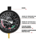 Hromee carburetor fuel pump and vacuum tester gauge, front view, black rubber-surrounded dial with brass nozzle