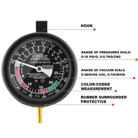 Hromee carburetor fuel pump and vacuum tester gauge, front view, black rubber-surrounded dial with brass nozzle