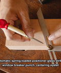 Automatic Spring Loaded Center Punch With Cap Quick Strike Marking Tool For Heavy Duty Metal And Wood Projects No Sweat Precision Hits Every Single Time in use on wood.