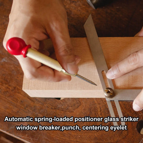 Automatic Spring Loaded Center Punch With Cap Quick Strike Marking Tool For Heavy Duty Metal And Wood Projects No Sweat Precision Hits Every Single Time in use on wood.