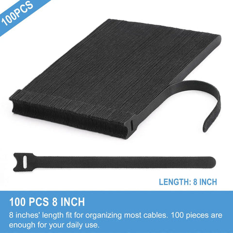 Image of 100 pack Eight Inch Reusable Cable Ties with Hook and Loop Wraps, black, for cord management and organization.
