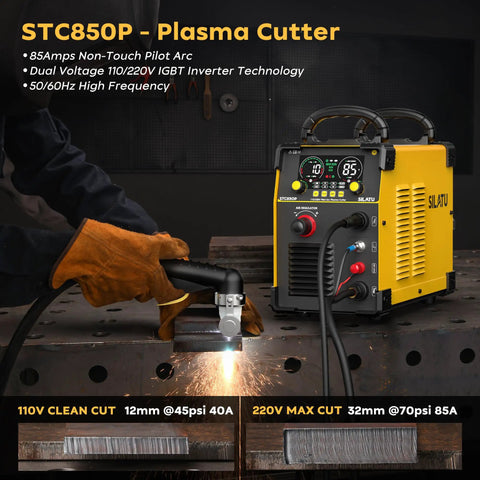 85 Amp Plasma Cutter With HF Non-Touch Pilot Arc, Dual 110V/220V Inverter, operator cutting metal in a workshop