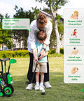 Kid Tested Retractable Toddler Golf Clubs Set With Smooth Rounded Shafts And Jumbo Safety Balls Perfect For Little Swingers Ages One To Four, with child practicing golf.