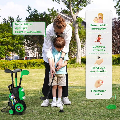 Kid Tested Retractable Toddler Golf Clubs Set With Smooth Rounded Shafts And Jumbo Safety Balls Perfect For Little Swingers Ages One To Four, with child practicing golf.