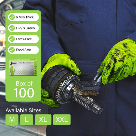 1st Choice green disposable gloves, 6 mil, latex-free, raised diamond grip, XL, box of 100