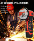 Cordless Angle Grinder 7000 RPM With 16.8V Battery And 76mm Wheels, mini grinder cutting with sparks in action.