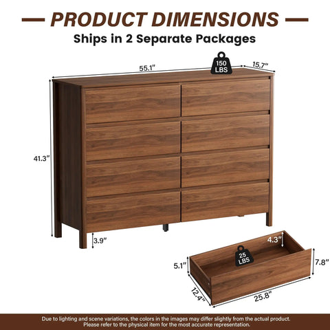 Mid Century Modern Dresser Boasting Eight Spacious Drawers And A Rich Walnut Finish Resting On Robust Wood Legs dimensions and details view