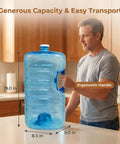 Person holding 5 Gallon Stackable Water Jug With Easy Grip Handle And Screw Cap For Home Office Camping And Emergency Water Storage Large Capacity Hydration For Outdoor Prep