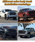 Red Tow Hook Cover for 2020 to 2026 GMC Sierra 2500 3500 HD Tow Hitch Cover on various colored trucks in outdoor settings