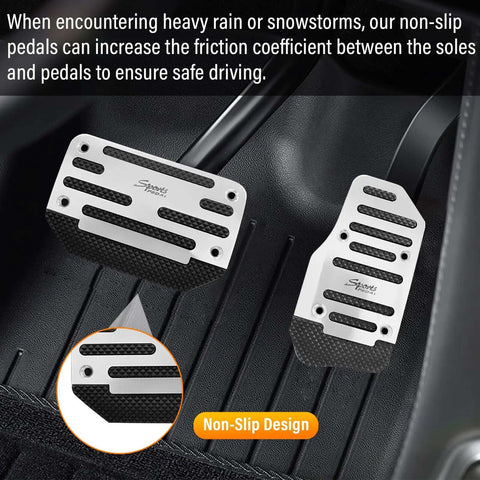 Two Pack Non Slip Car Pedal Pads For Automatic Transmission with silver finish, showing gas and brake covers installed on vehicle floor