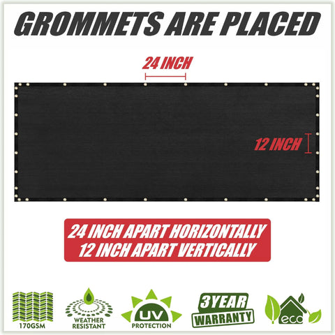 Heavy Duty 6 Ft By 50 Ft Black Fence Screen Privacy Shield With Commercial Grade 170 GSM Outdoor Fabric, grommets layout