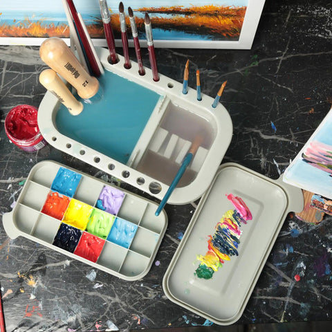 Must-Have Paint Brush Cleaner And Holder With Built-In Palette And Wash Basin For Acrylic, Watercolor, And Water-Based Paints, Compact Portable Organizer In Gray top view
