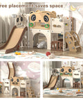 9 In 1 Toddler Slide And Climber Playset For Indoor And Outdoor Use With Basketball Hoop Telescope And Storage Space displayed indoors
