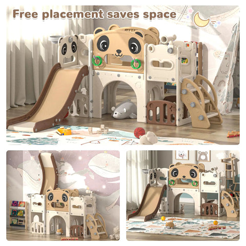 9 In 1 Toddler Slide And Climber Playset For Indoor And Outdoor Use With Basketball Hoop Telescope And Storage Space displayed indoors