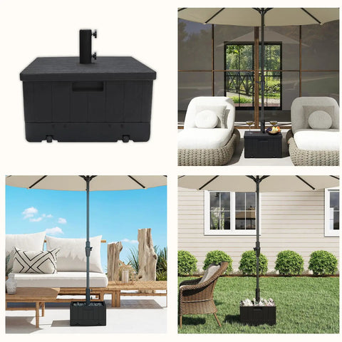 All In One Outdoor Umbrella Base With Rolling Wheels And Planter Box 176 Lb Heavy Duty Sand Fillable Workhorse in patio setting