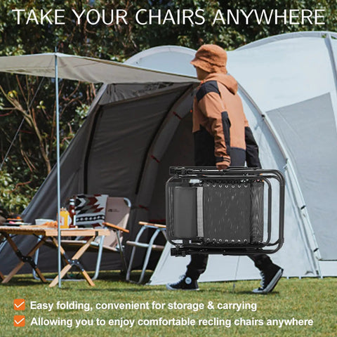 Folded Zero Gravity Chairs Set of 2 next to a tent, highlighting portability for beach, pool, camping, patio, garden use.