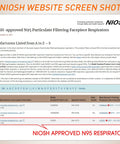 Screenshot of NIOSH website listing approved N95 respirator manufacturers and models including TC-84A-9276.