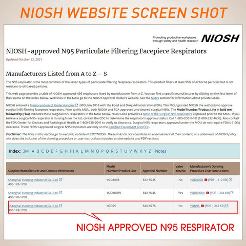 Screenshot of NIOSH website listing approved N95 respirator manufacturers and models including TC-84A-9276.