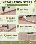All-In-One 314-Piece Wood Dowels Kit Pro-Grade installation guide steps for drilling, gluing, inserting dowels, and board connection.