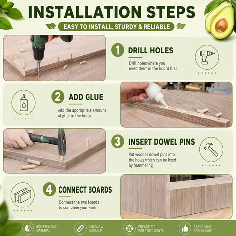 All-In-One 314-Piece Wood Dowels Kit Pro-Grade installation guide steps for drilling, gluing, inserting dowels, and board connection.