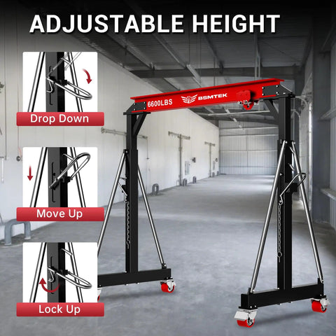 Heavy Duty 3 Ton Gantry Crane With Upgraded 2026 Trolley in factory, adjustable 8.53 to 12.47 ft, red steel I-beam construction