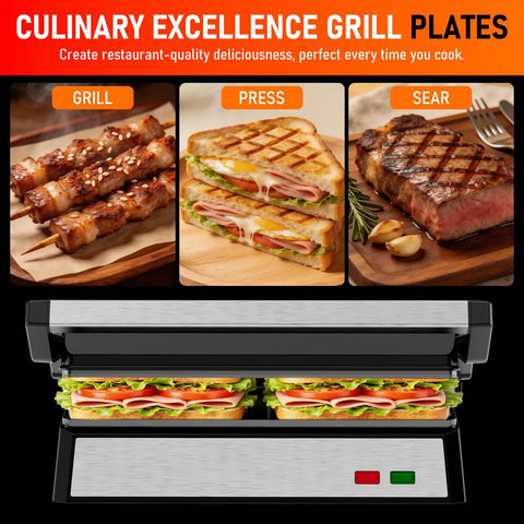 Get Juiced With This Bad Boy 1200W Panini Press Grill Standard 2 Slice Sandwich Maker showing non-stick plates with sandwiches.