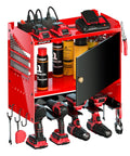 Heavy Duty Wall Mounted Power Tool Organizer With Integrated Charging Station And Six Outlet Strips, Insanely Solid Metal Garage Cabinet showing drills, chargers, and storage for tools.