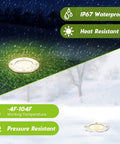 RGBW Low Voltage Landscape Lights With Wire Connectors 12 Pack Outdoor LED Well Lighting IP67, shown in rain and snow