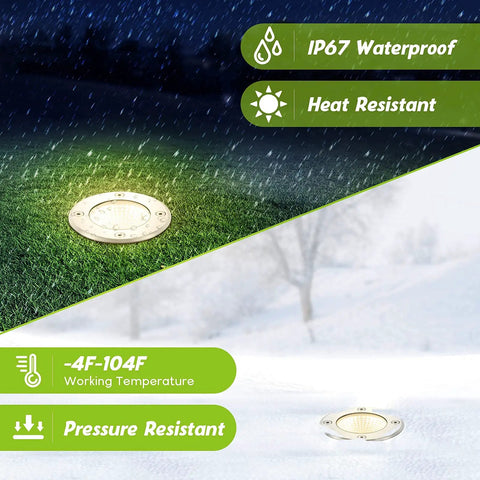RGBW Low Voltage Landscape Lights With Wire Connectors 12 Pack Outdoor LED Well Lighting IP67, shown in rain and snow