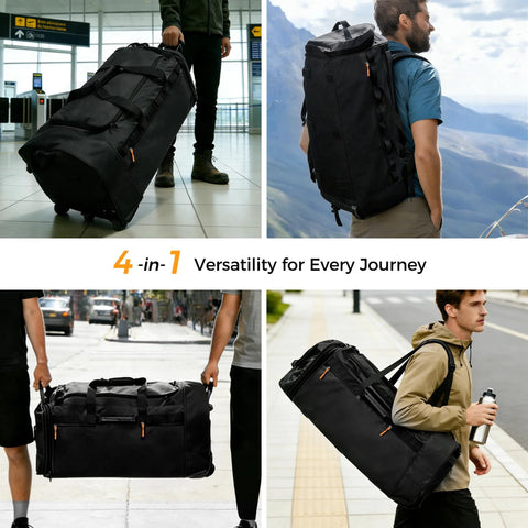 Khalor rolling duffle bag, 28-inch black waterproof wheeled luggage with 3 wheels