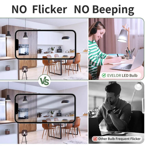 Comparison of EVO18 LED bulb with other brands, showing no flicker and no beeping in a kitchen and office setting.