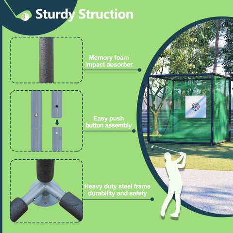 Diagram and photo of Beefy Backyard Golf Practice Net Cage With 10X10X10 Ft Metal Frame Hitting Net in green backyard