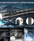 Triple Pack 10000 Lumen Rechargeable Flashlights With LCD Display demonstrating water resistance and durability with sealing ring.