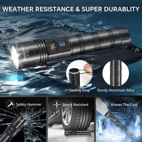 Triple Pack 10000 Lumen Rechargeable Flashlights With LCD Display demonstrating water resistance and durability with sealing ring.