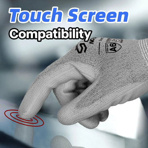12 Pairs Cut Resistant Gloves ANSI A6 A7 For Men And Women Touchscreen Ready Work Gloves CR7120 Tough As Nails in use on touchscreen