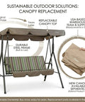 Three Seat Outdoor Patio Swing With Adjustable Canopy Heavy Duty Steel Frame Weather Resistant Build Removable Cushions Lime Stripe