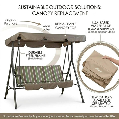 Three Seat Outdoor Patio Swing With Adjustable Canopy Heavy Duty Steel Frame Weather Resistant Build Removable Cushions Lime Stripe