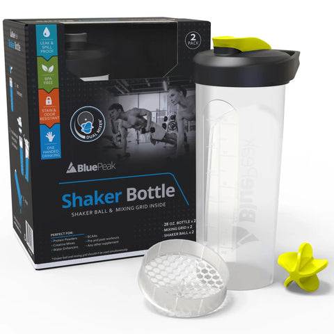 Dual Mixing Protein Shaker Bottle 28 Oz With Ball Mixer And Grid, BPA Free, Leak-Proof On-The-Go 2 Pack box and bottle