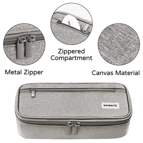 Go To Large Capacity Canvas Pencil Case With Zipper For Women And Men Big Storage Pencil Pouch shown with closeup of metal zippers