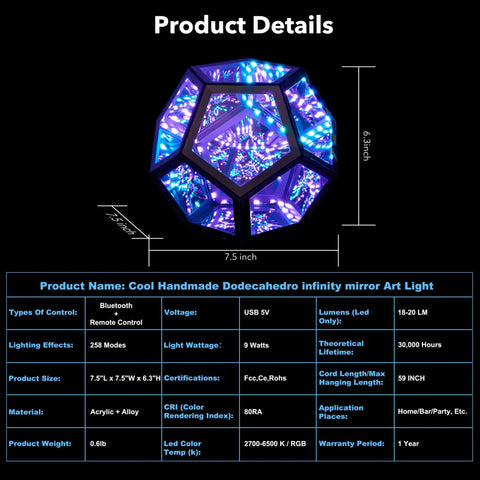 Dodecahedron RGBW Gaming Light With Infinity Mirror Effect Modern LED Desk Lamp glowing with blue and purple lights