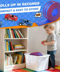 Child playing next to rolled up Dual Side By Side 15 Foot Flexible Race Track Set For Kids With Reinforced Suction Cup Flex.