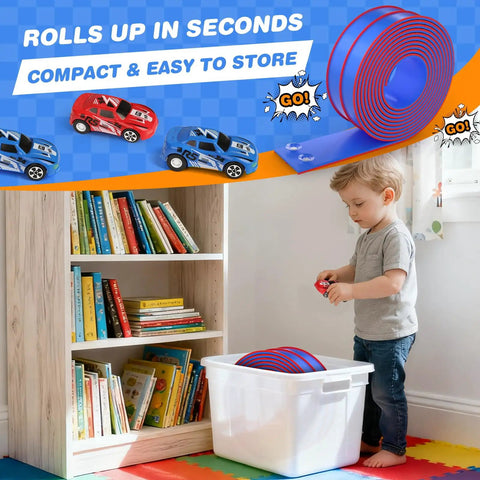 Child playing next to rolled up Dual Side By Side 15 Foot Flexible Race Track Set For Kids With Reinforced Suction Cup Flex.
