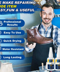 Man holding shoe with Heavy Duty Shoe Glue 100g Clear Adhesive, promoting waterproof repair for rubber soles and leather.
