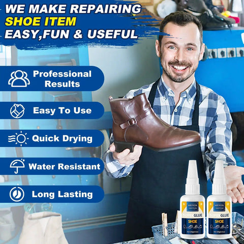 Man holding shoe with Heavy Duty Shoe Glue 100g Clear Adhesive, promoting waterproof repair for rubber soles and leather.